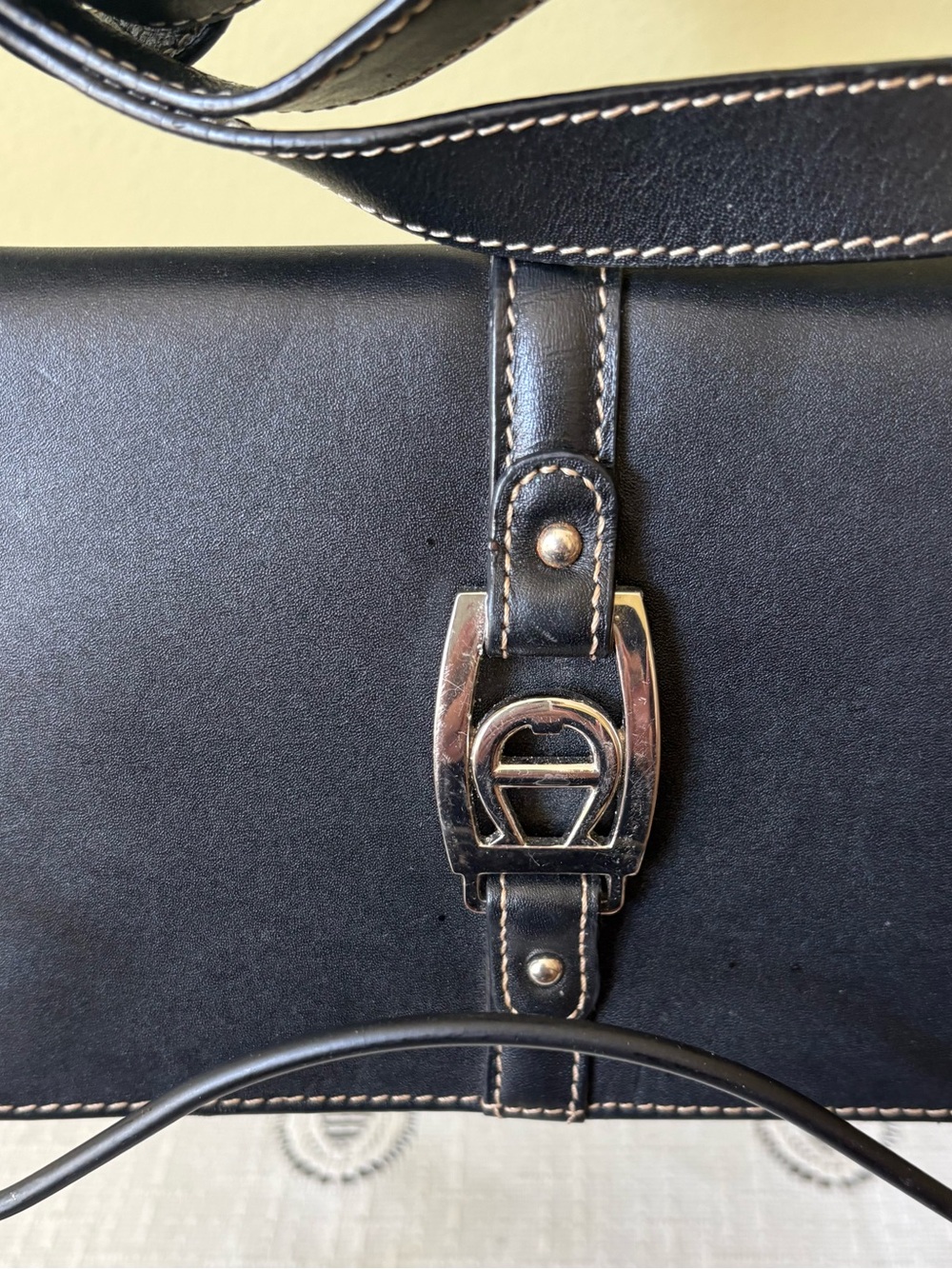 Etienne Aigner Black Leather Organizer Crossbody Wallet with Silver Hardware